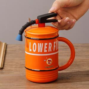Cana cu capac din ceramica si lingurita Pufo Stop Fire pentru cafea sau ceai, 400 ml, portocaliu