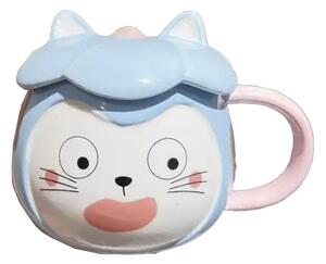 Cana cu capac din ceramica Pufo Crazy Cat pentru cafea sau ceai, 300 ml, albastru