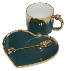 Cana ceramica cu farfurie in forma de inima si lingurita Pufo Desire pentru cafea sau ceai, 180 ml, verde