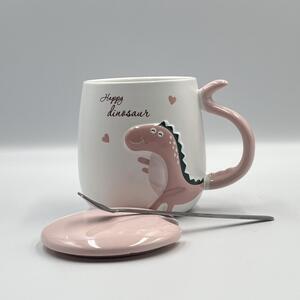 Cana cu capac din ceramica si lingurita Pufo Dyno pentru cafea sau ceai, 400 ml, roz