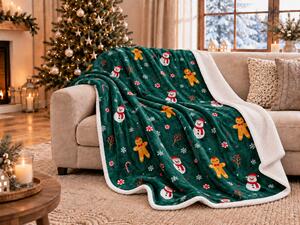 Patura miel de Craciun din microplus SNOWMAN AND GINGERBREAD verde inchis Dimensiuni: 200 x 220 cm