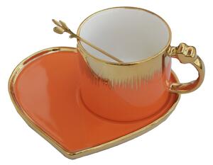 Cana ceramica cu farfurie in forma de inima si lingurita Pufo Desire pentru cafea sau ceai, 180 ml, portocaliu