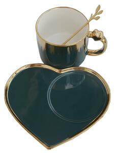 Cana ceramica cu farfurie in forma de inima si lingurita Pufo Desire pentru cafea sau ceai, 180 ml, verde
