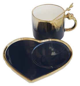 Cana ceramica cu farfurie in forma de inima si lingurita Pufo Desire pentru cafea sau ceai, 180 ml, albastru