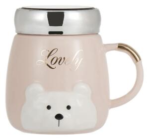 Cana din ceramica cu capac Pufo Lovely Bear pentru cafea sau ceai, 350 ml, roz