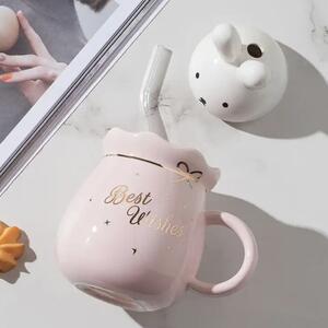 Cana ceramica cu capac Pufo Bunny, pentru cafea sau ceai, 500 ml, roz