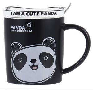 Cana cu capac din ceramica si lingurita Pufo Happy Panda pentru cafea sau ceai, 300 ml
