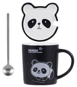 Cana cu capac din ceramica si lingurita Pufo Baby Panda pentru cafea sau ceai, 300 ml