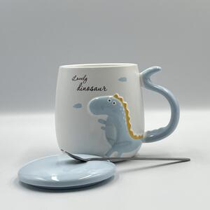 Cana cu capac din ceramica si lingurita Pufo Dyno pentru cafea sau ceai, 400 ml, albastru
