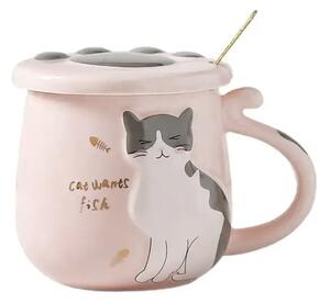 Cana cu capac din ceramica si lingurita Pufo Sweet Kitty pentru cafea sau ceai, 300 ml, roz
