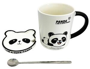 Cana cu capac din ceramica si lingurita Pufo Little Panda pentru cafea sau ceai, 300 ml