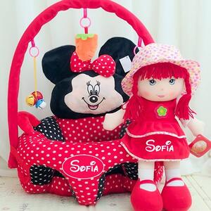 Set Personalizat: Fotoliu bebe Minnie Mouse 002 rosu + papusica 50 cm 0010