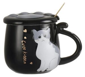 Cana cu capac din ceramica si lingurita Pufo Sweet Kitty pentru cafea sau ceai, 300 ml, negru