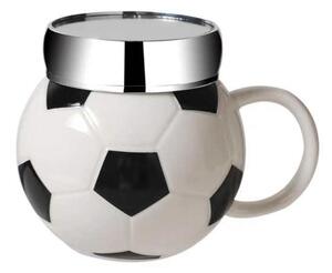 Cana din ceramica cu capac Pufo Love Play Football pentru cafea sau ceai, 350 ml, alb/negru