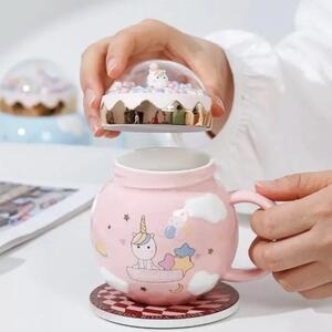 Cana din ceramica cu capac Pufo Unicorn World pentru cafea sau ceai, 400 ml, roz