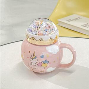 Cana din ceramica cu capac Pufo Unicorn World pentru cafea sau ceai, 400 ml, roz