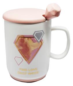 Cana cu capac din ceramica si lingurita Pufo Find Love pentru cafea sau ceai, 350 ml
