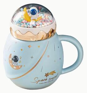 Cana cu capac tip ceainic din ceramica Pufo Travel the Space pentru cafea sau ceai, 500 ml, albastru