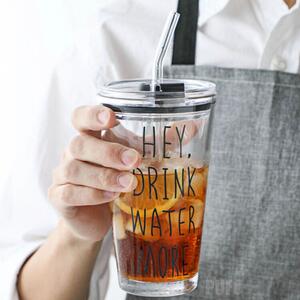 Cana din sticla transparenta Pufo Drink Water pentru cafea cu capac, 450 ml