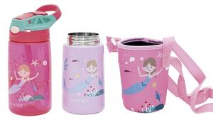 Set 3 in 1 recipient din tritan cu pai 500 ml, termos otel inoxidabil 350 ml, cu capac,maner, husa neopren si bretea transport Olmitos Mermaid