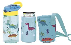 Set 3 in 1 recipient din tritan cu pai 500 ml, termos otel inoxidabil 350 ml, cu capac,maner, husa neopren si bretea transport Olmitos Dino