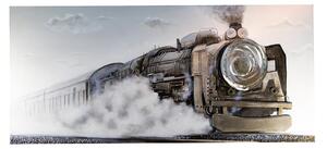 Tablou 3D Train, panza, alb argintiu gri negru, 180x80 cm
