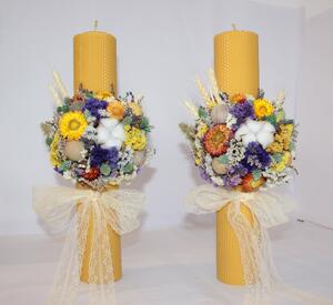 Lumânare botez din faguri de ceară băiat flori nemuritoare 7x41cm