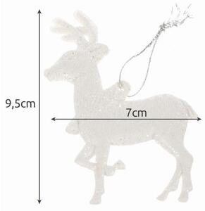Set 9 ornamente pentru bradul de Craciun, model Ren, 9,5 x 7 cm, alb cu sclipici