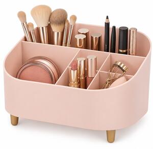 Organizator make-up Pufo Pinky cu 6 compartimente si picioruse pentru pensule, parfumuri și cosmetice, 22 x 16 cm, roz