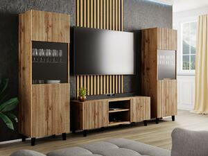Set de living Comes, Negru, Stejar Wotan, PAL laminat, Sticlă călită, MDF