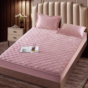 Husa de pat, Topper, 2 persoane, catifea, 140x200cm, 3 piese, cu elastic, roz , HPT407