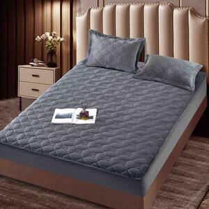 Husa de pat, Topper, 2 persoane, catifea, 140x200cm, 3 piese, cu elastic, gri inchis, HPT406