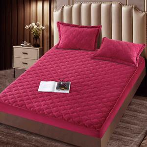 Husa de pat, Topper, 2 persoane, catifea, 140x200cm, 3 piese, cu elastic, rosu , HPT409
