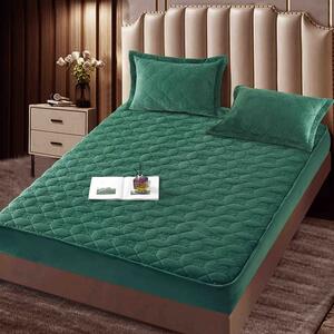 Husa de pat, Topper, 2 persoane, catifea, 140x200cm, 3 piese, cu elastic, verde inchis, HPT411
