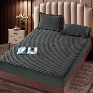 Husa de pat, Topper, 2 persoane, catifea, 140x200cm, 3 piese, cu elastic, gri inchis, HPT606