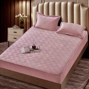 Husa de pat, Topper, 2 persoane, catifea, 140x200cm, 3 piese, cu elastic, roz , HPT607