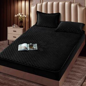 Husa de pat, Topper, 2 persoane, catifea, 140x200cm, 3 piese, cu elastic, negru , HPT612