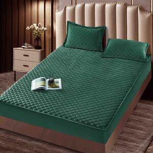 Husa de pat, Topper, 2 persoane, catifea, 140x200cm, 3 piese, cu elastic, verde închis, HPT611