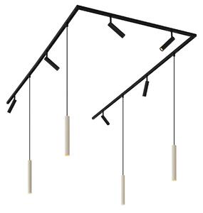 Sistem de iluminat pe șine modern cu 6 spoturi și 4 pendule bej cu negru monofazat - Slimline Uzzy Keno