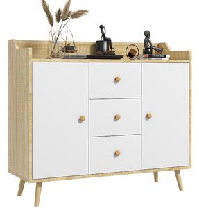 HOMCOM Comodă cu 3 Sertare și 2 Dulapuri cu Rafturi, Bufet Modern din PAL și Lemn de Pin, 90x32x80 cm, Alb | Aosom Romania