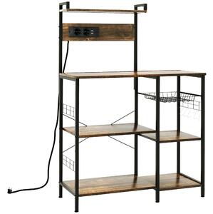 HOMCOM Raft de Bucatarie cu Prize Mutiple, Dulap Bucatarie pentru Microunde cu Rafturi si Cos din Sarma Stil Industrial, 90x42x130cm, Maro