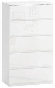 HOMCOM Comodă, Modernă și Anti-răsturnare, Dulap de Depozitare cu 5 Sertare din Pal Melaminat, 55x33x100 cm, Alb Lucios | Aosom Romania