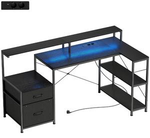 HOMCOM Birou Gaming în formă de L cu prize multiple, LED-uri, 165x80 cm, birou PC cu 2 sertare din material textil, 2 rafturi deschise, măsuță laterală și 2 suporturi monitor, din PAL și oțel, Negru | Aosom Romania