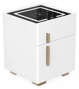 Noptiera inteligenta cu incarcare wireless, iluminare LED, 1 sertar de depozitare si seif – alba, design modern din sticla si lemn