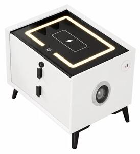 Noptiera inteligenta cu incarcare wireless, iluminare LED, difuzor Bluetooth, port USB si Type-C – culoare alb, 2 sertare, design modern din sticla si lemn