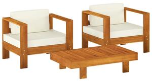 Set mobilier grădină cu perne alb crem, 3 piese, lemn masiv