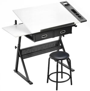 HOMCOM Masă de desen cu taburet și 2 sertare, înălțime reglabilă, blat înclinabil 0° à 60°, 120 x 60 x 68-92 cm, alb | Aosom Romania