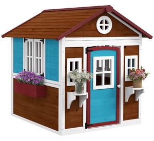 Outsunny Casuta de Joaca din Lemn pentru Copii pentru Exterior si Interior, Casa Wendy din Lemn cu Usi, Ferestre, Ghivece, Maro Inchis