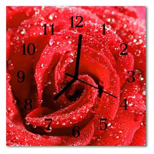 Ceas de perete din sticla pătrat Rose Flori & Plante Red