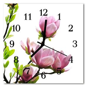 Ceas de perete din sticla pătrat Magnolia Blossom Flori și plante roz